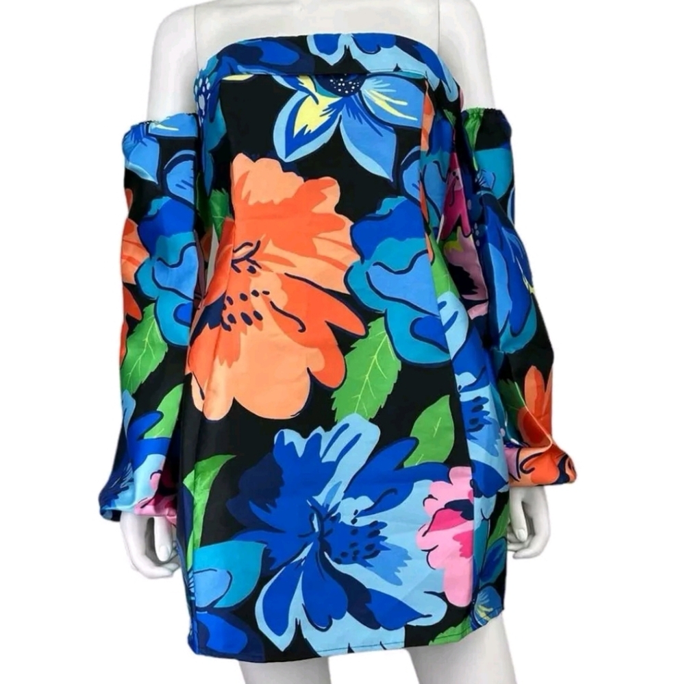 Klesis Satin Floral Print Off Shoulder Cocktail Size S